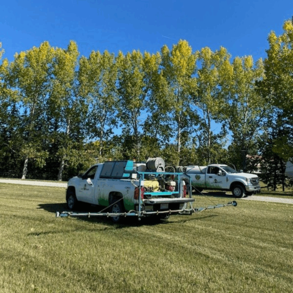 Applying fall lawn fertilizer to strengthen grass roots in Alberta