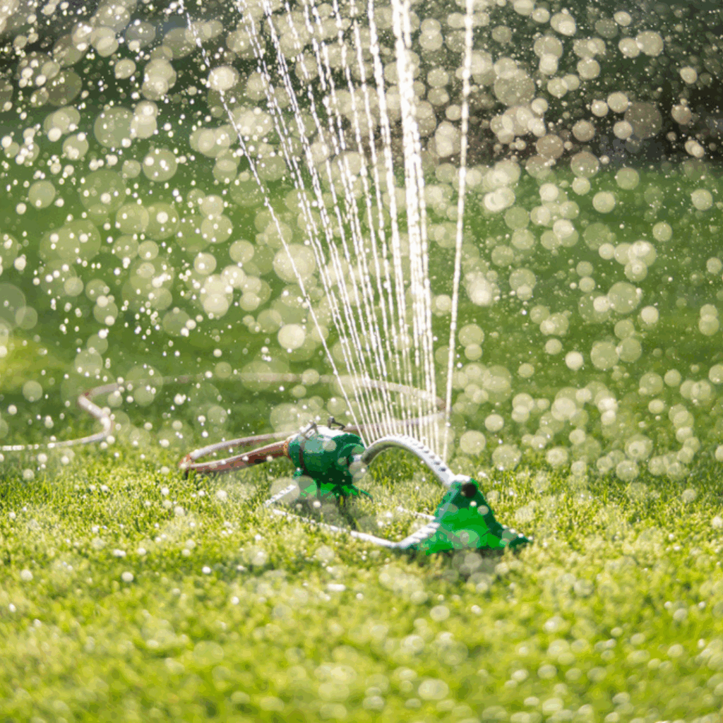 Watering lawn with sprinkler to prepare grass before winter freeze
